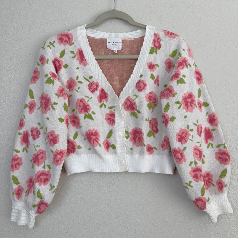 Willow & Wind Floral Cropped Cardigan White Pink Rose Lantern Sleeve Sweater M